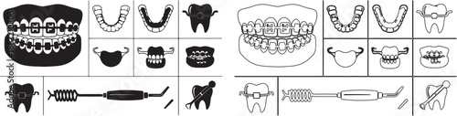 Dental Orthodontic Vector Icon Set with Braces, Retainers, Tools, and Implants in Solid and Line Styles isolated PNG with Transparent Background