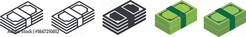 Money cash stack icons set, banknote bundles illustration, finance wealth payment symbols, flat minimal vector design isolated on white