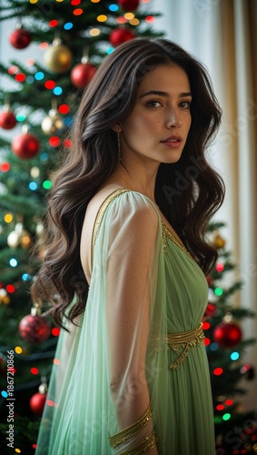 young woman in a christmas dress