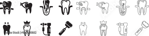 Set of Dental Care Icons. Tooth Health, Cavity, Root Canal, Crown, and Tools Vector Collection. isolated PNG with Transparent Background