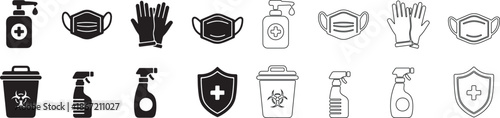 Set of Black Hygiene, Cleaning, and Virus Protection Vector Icons in Solid and Line Style isolated PNG with Transparent Background