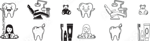 Set of Modern Line Art Dentistry Vector Icons. Includes Cartoon Teeth, Dentist, Dental Chair, and Oral Hygiene Tools. isolated PNG with Transparent Background