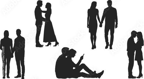 Romantic couple silhouettes illustration set, people in love poses, dating relationships concept, walking sitting hugging pairs, black vector design