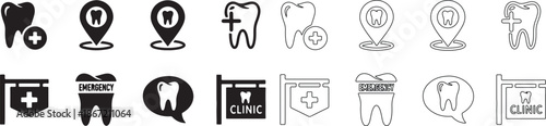 Set of Dental Clinic and Tooth Care Vector Icons, Modern Medical and Emergency Dentistry Symbols isolated PNG with Transparent Background