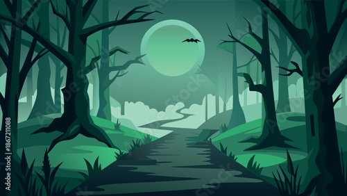 Spooky Forest Landscape at Night with Large Full Moon and Dark Silhouetted Trees