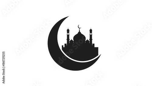 Mosque Silhouette Emerging from Crescent Moon Ramadan Vector