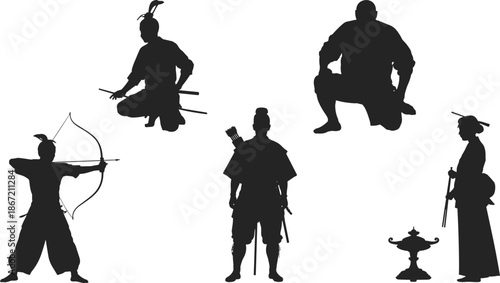 Samurai silhouette set, traditional Japanese warriors poses, archery sword meditation ritual scenes, black figures isolated on white background illustration