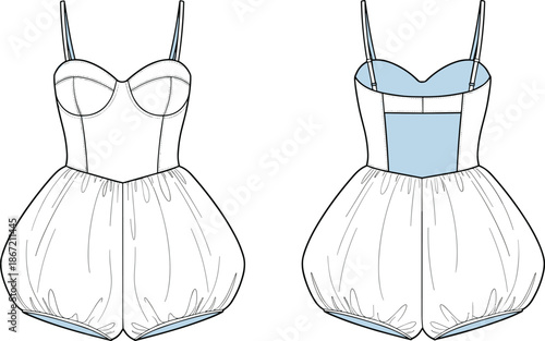 Women Corset Romper Technical Flat Sketch Showing Front and Back Views for Fashion Design, Apparel Development, and Clothing Manufacturing