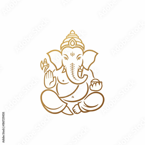 Line drawing of a seated Ganesha with an elephant head and multiple arms against a plain white background.