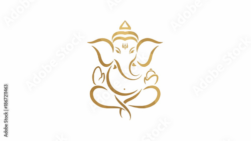 Golden line art illustration of Ganesha sitting in a meditative pose on a white background with a serene and minimalist design.