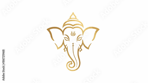 Golden line drawing of a Ganesha head with large ears and trunk on a white background.