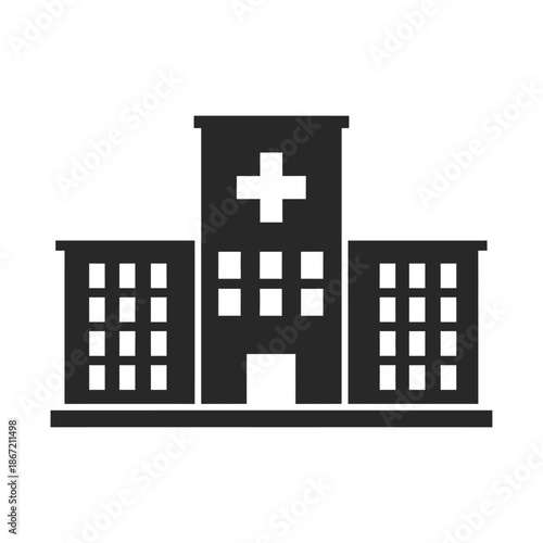 Vector illustration icon black silhouette of a hospital building with a cross on top isolated on