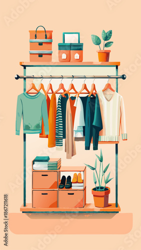 Wardrobe organization watercolor image. Flat style. Vector illustration.