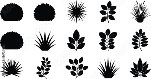 Garden Plant Silhouette Vector Set Featuring Bush Hedge Grass Leaves and Shrub Icons for Nature Landscaping Environment and Botanical Graphic Design