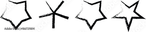 A simple illustration showcasing four unique hand drawn star shapes in black against a white background