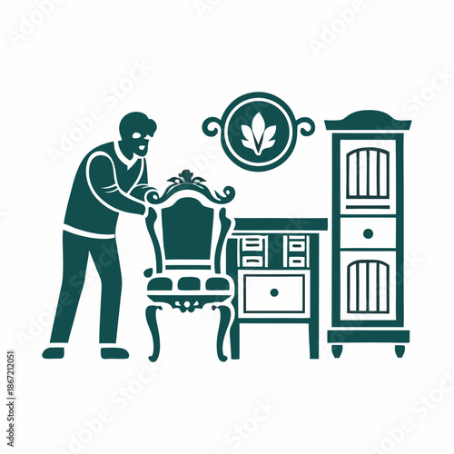 A person restoring old furniture image. Simple flat illustration on a white background. Vector graphic.