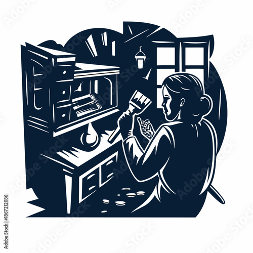 A person restoring old furniture engraved vintage image. Vector illustration.