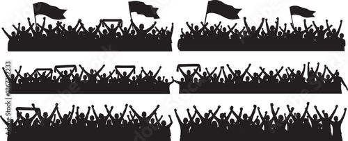 Silhouette, crowd, of, people, cheering, with, flags, and, banners, at, a, concert, stadium, protest, or, sports, event, isolated, on, white, background, vector.