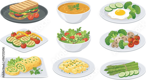 Healthy, food, set, with, vegetable, salad, soup, grilled, sandwich, omelet, asparagus, scrambled, eggs, and, fresh, garden, meals, isolated, on, white, background, vector.