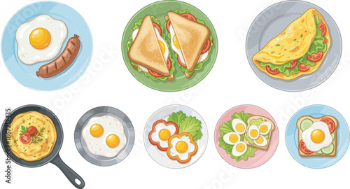Healthy, breakfast, food, set, with, fried, eggs, omelet, sausage, toast, sandwich, muesli, bowl, and, fresh, vegetables, on, plates, isolated, on, white, background, vector.