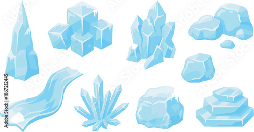 Ice, crystals, and, frozen, water, elements, collection, with, icicles, blocks, shards, and, waves, for, game, design, winter, nature, icons, isolated, on, white, background.