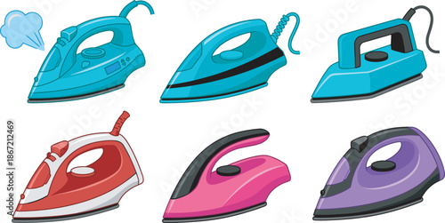 Set of colorful electric steam irons for clothes, household appliances icons for laundry and housekeeping, vector illustration isolated on white background design