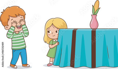 Little boy and girl playing hide and seek at home, cute cartoon children having fun together, brother and sister playing indoor games