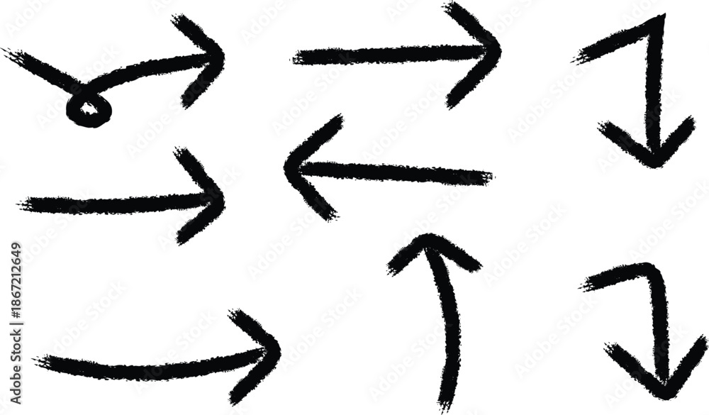 Fototapeta premium A collection of hand drawn black arrows pointing in various directions indicating movement and guidance