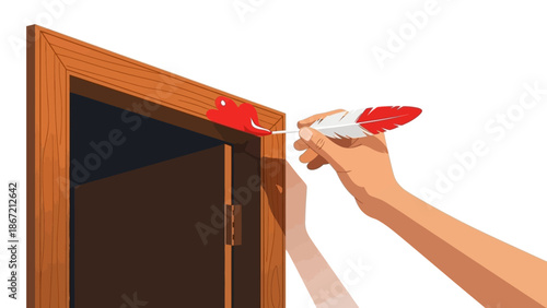 Hand attaching red and white feather to door frame.