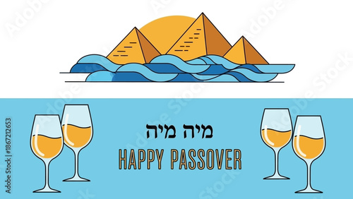 Happy Passover celebration with wine and pyramids.