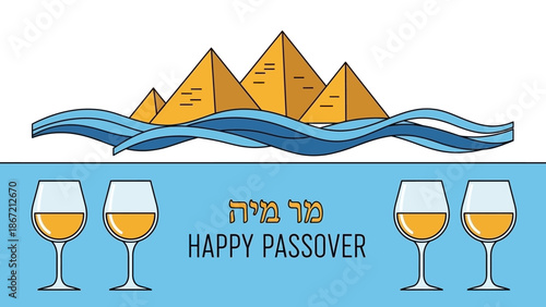 Happy Passover celebration with wine and pyramids.