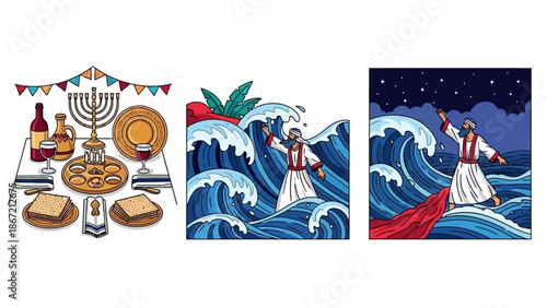 Passover Seder Table and Exodus Scenes.