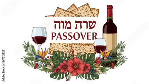 Passover Celebration with Matzah Wine and Flowers.