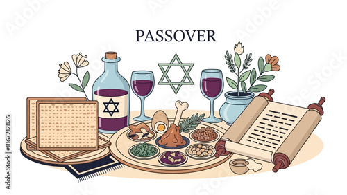 Passover Seder Plate with Matzah Wine and Torah Scroll.