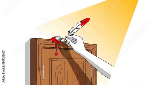 Hand with quill pen writing on a wooden cabinet.