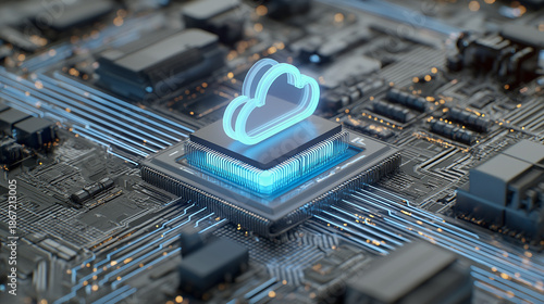 Cloud Computing and Data Storage Technology Concept with Secure Digital Network, Server Infrastructure and Cloud Upload Symbol