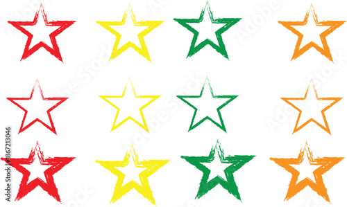 A collection of brightly colored hand drawn stars in red yellow green and orange tones are displayed