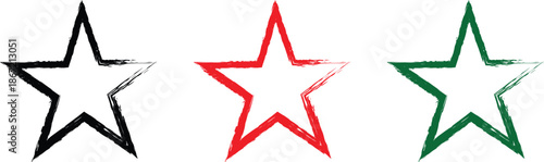 Three simple stars in black red and green colors are displayed side by side on a white background