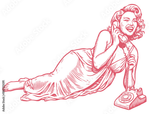 A retro vector illustration of a happy pin-up girl lying down and talking on a vintage rotary phone. Hand-drawn sketch-style line art.
