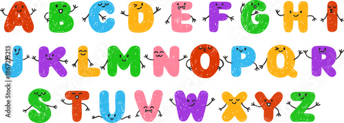 English alphabet letters with faces and hands, brightly colored, handwritten with chalk or pencil.