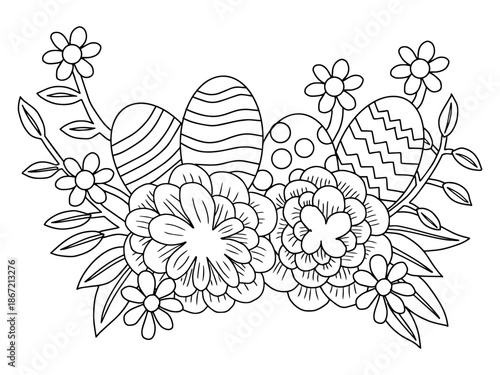 Easter eggs and flowers composition for coloring book. Simple illustration in doodle style