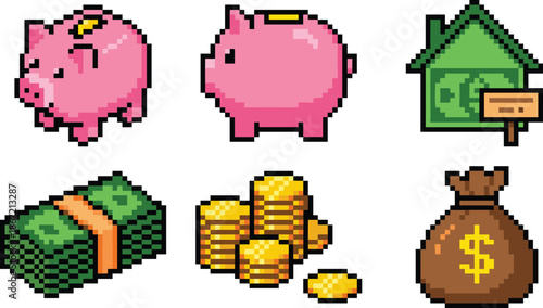 Pixel art finance and savings icons set, piggy bank, coins, cash, home investment, retro pixelated money illustration