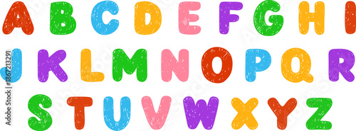A bright, multicolored set of the English alphabet, handwritten in pencil or chalk.