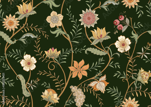 Ornate floral seamless pattern. Elegant hand-drawn botanical motif with intricate repeating layout for textile and wallpaper. Classic flowers and foliage create a refined vintage background.