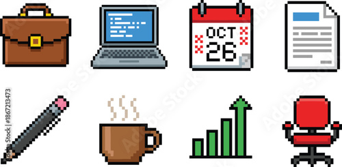 Pixel art office and business icons set, laptop calendar briefcase coffee chart document retro workplace illustration