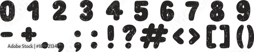 Black crayon sketch font, numbers and punctuation marks, vector kids chalk hand drawing stylized typographic symbols
