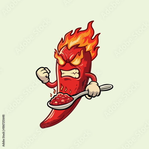 dynamic cartoon mascot of an angry red chili pepper on fire, holding a spoon with spicy sauce. Perfect for hot sauce branding, spicy food challenges, and restaurant logos