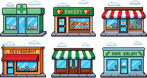 Pixel art shop building set, pharmacy bakery restaurant hair salon stores, small business storefront icons illurationPixel art shop building set, pharmacy bakery restauration