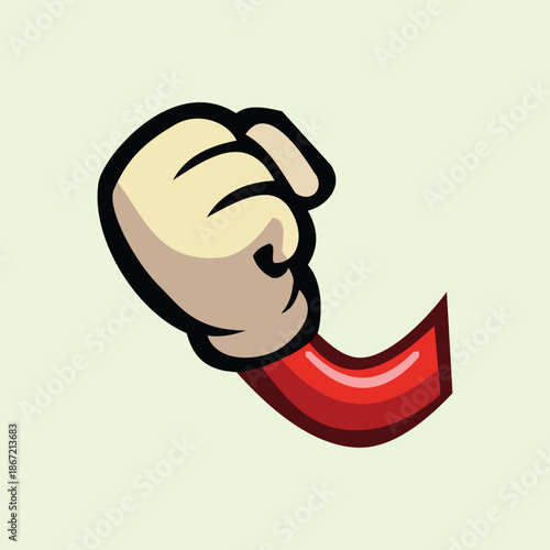 A bold illustration of a clenched cartoon fist wearing a white glove with a red arm, set against a pale green background. Perfect for mascot designs and expressive graphic elements