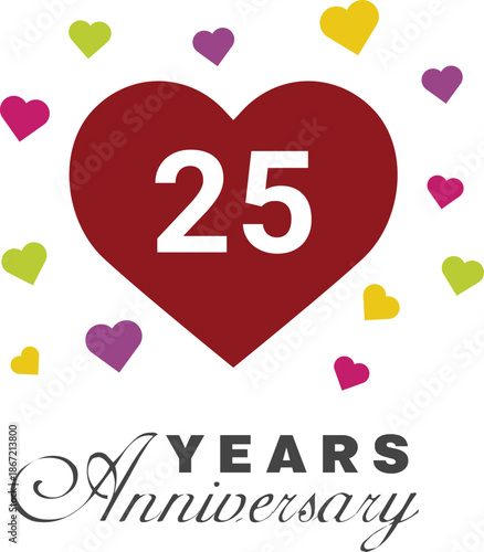 25th Anniversary Love Concept with Red Heart and Decorative Colorful Hearts